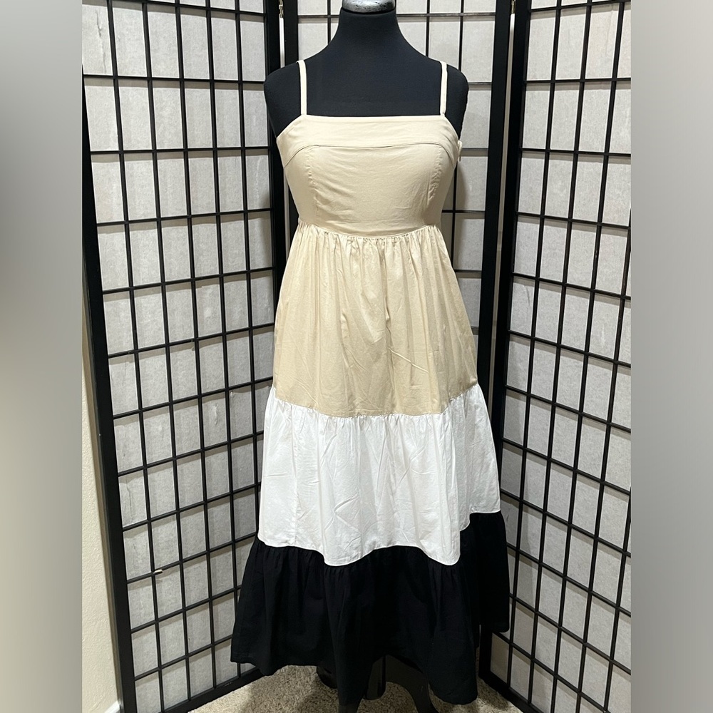 J. CREW SQUARE NECK Elegant Tiered Maxi Dress, NEUTRAL COLOR BLOCK, WOMEN SIZE 2
